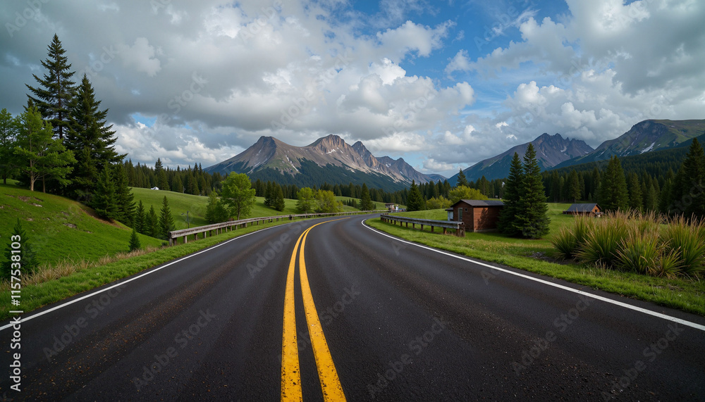 Naklejka premium Scenic winding road leading through lush green landscapes with mountains and dramatic clouds in the sky with copy space