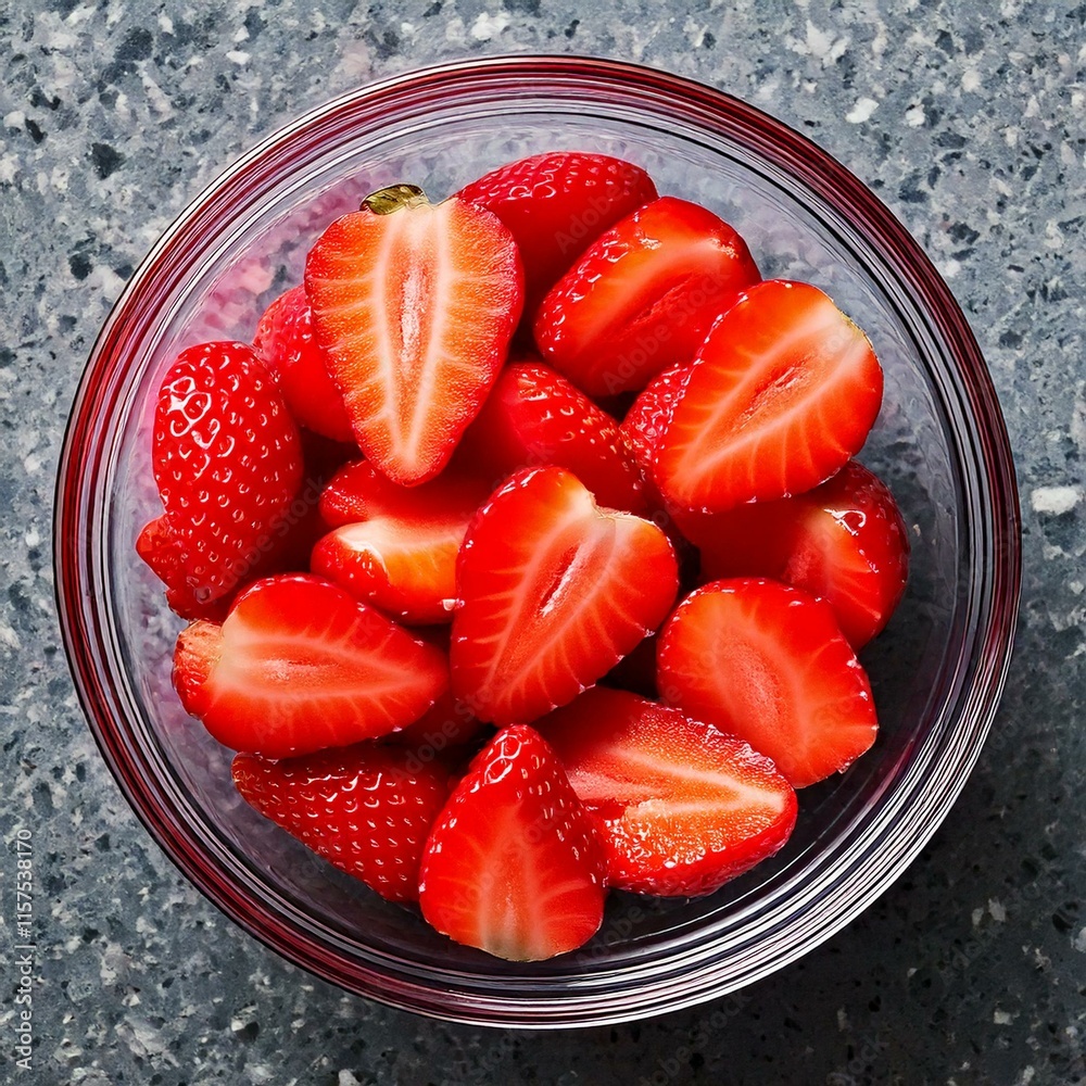 halved strawberries in a bowl
