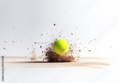 Yellow tennis ball collides with clay court during an intense match in midday sunlight creating a splash of dirt and dust