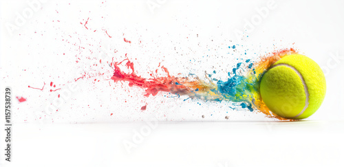 Tennis ball propels forward with vibrant splashes of color after a powerful hit on a court