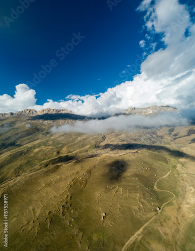Beautiful aerial view of the mountainous area. Landscape and nature of the North Caucasus