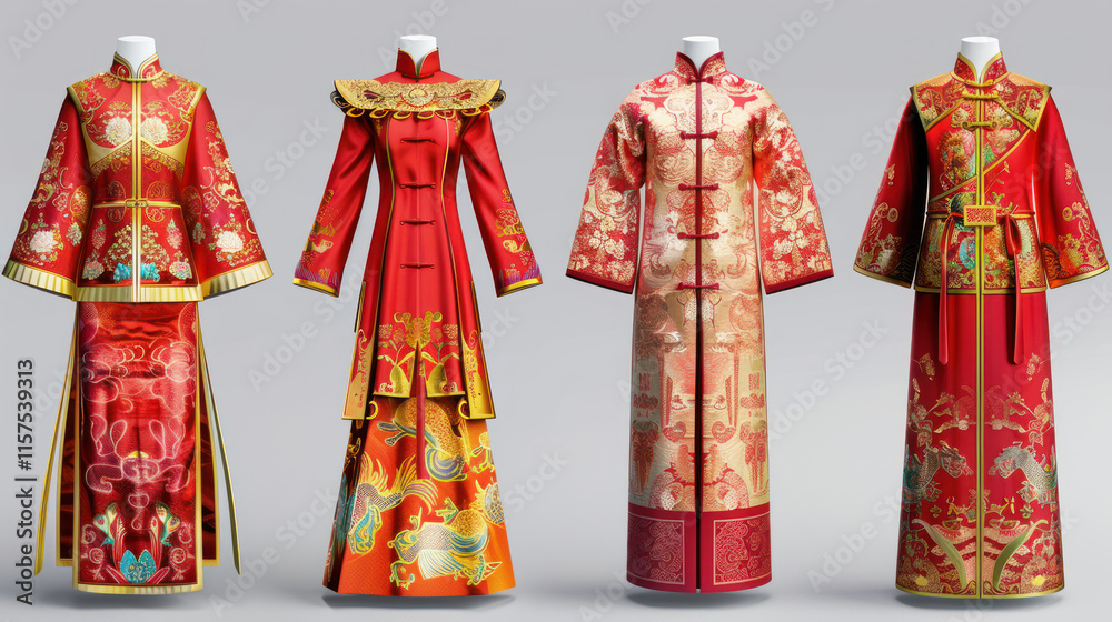 Naklejka premium Chinese New Year traditional clothing, traditional festive theme, vibrant colors, rich red and gold details, detailed cultural elements, high-resolution illustration