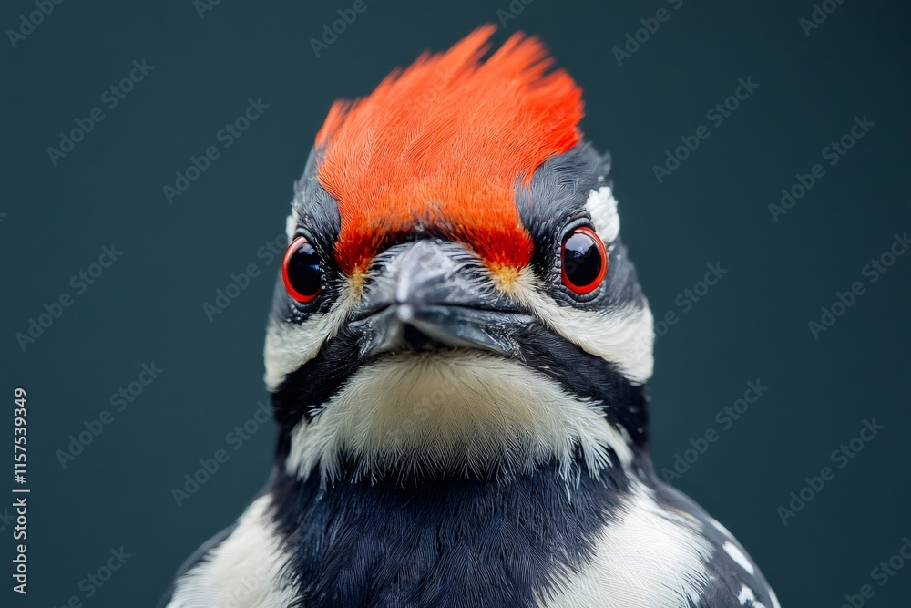 Fototapeta premium Red-crowned woodpecker showing its colorful plumage and red eyes on a dark green background