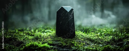 A mysterious stone monument surrounded by misty forest greens. photo