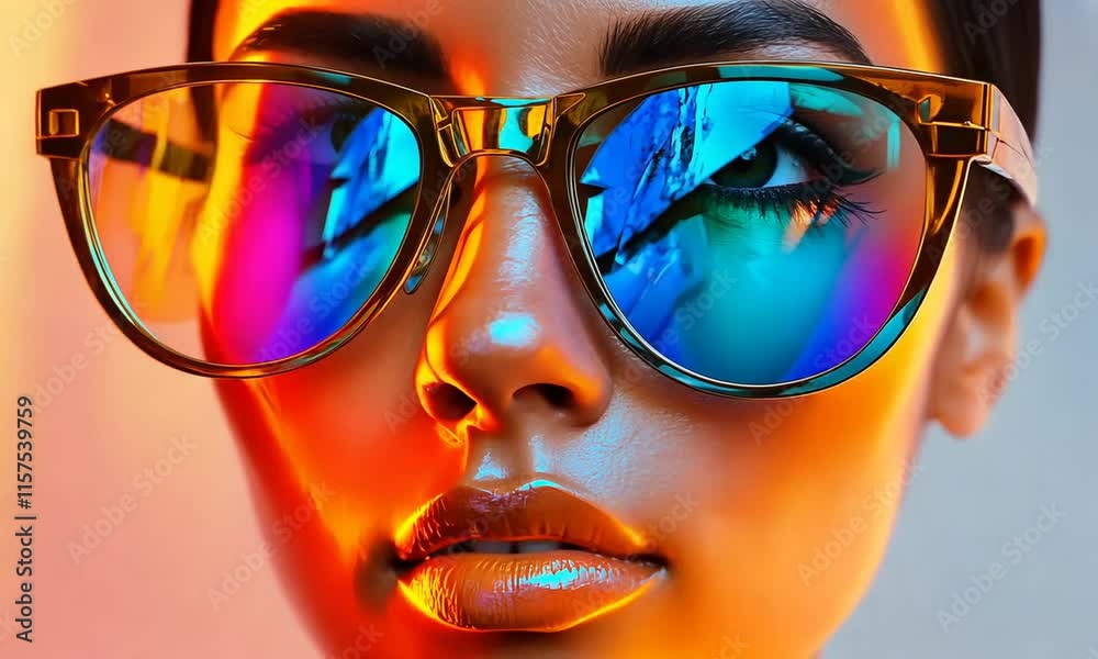 A vibrant close-up of a face with colorful sunglasses reflecting a bright, artistic background. A vibrant close-up of a face with colorful sunglasses reflecting a bright, artistic background.