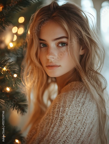 A woman elegantly decorates a Christmas tree