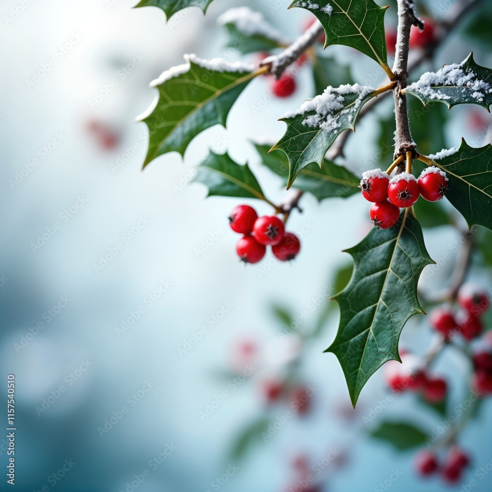 Fototapeta premium Winter holly branch with red berries covered in snow. Vivid plants against soft blue background. Holly branches form elegant frame. Festive holiday scene for christmas winter season. Perfect for