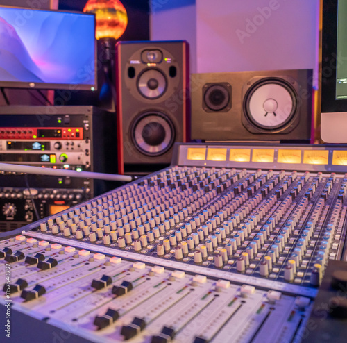 professional audio mixing console with studio monitors and equipment in the background, ideal for music production and sound engineering photo