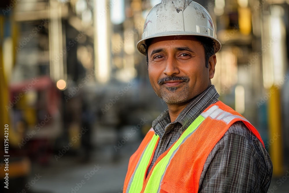 Fototapeta premium Indian engineer wearing hardhat and safety vest smiling in refinery