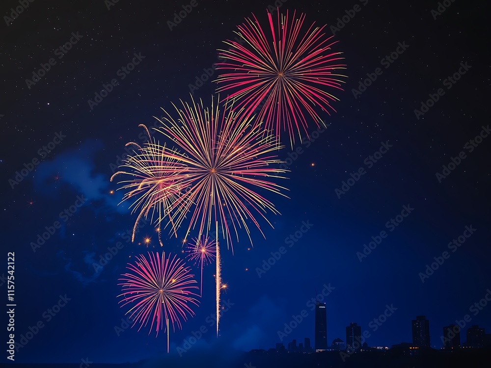 Festive Fireworks Display Over City Skyline At Night Festive Fireworks Display Over City Skyline At Night
