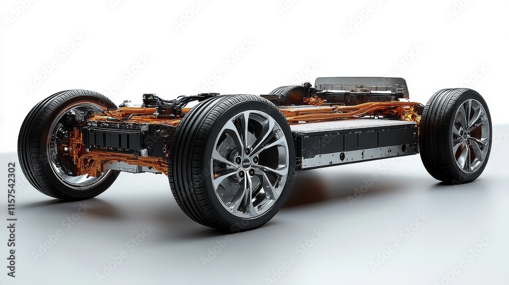 Electric vehicle chassis with advanced technology showcased in an exhibition at a modern automotive conference Electric vehicle chassis with advanced technology showcased in an exhibition at a modern automotive conference