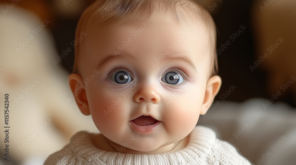 Baby with wide eyes expressing surprise, sitting indoors, wearing a cozy sweater, during a warm, playful moment Baby with wide eyes expressing surprise, sitting indoors, wearing a cozy sweater, during a warm, playful moment