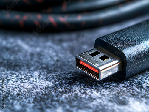 Close-up of a USB-C cable connector on a textured surface.