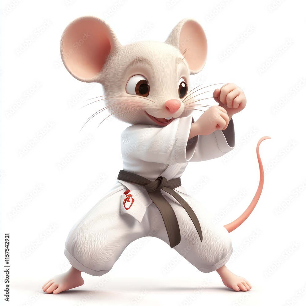 A cute mouse in a karate uniform performing a kick. vector style art 3d illustration Isolated on White Background A cute mouse in a karate uniform performing a kick. vector style art 3d illustration Isolated on White Background