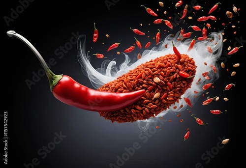 A close-up of a silver spoon filled with red chili flakes, with some flakes flying off in a swirl pattern. photo