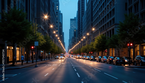 City street at night. Cars moving on road. Buildings, trees along street. Lights illuminate scene. Urban landscape. Evening city view. Modern architecture. Business district. Night time. Travel