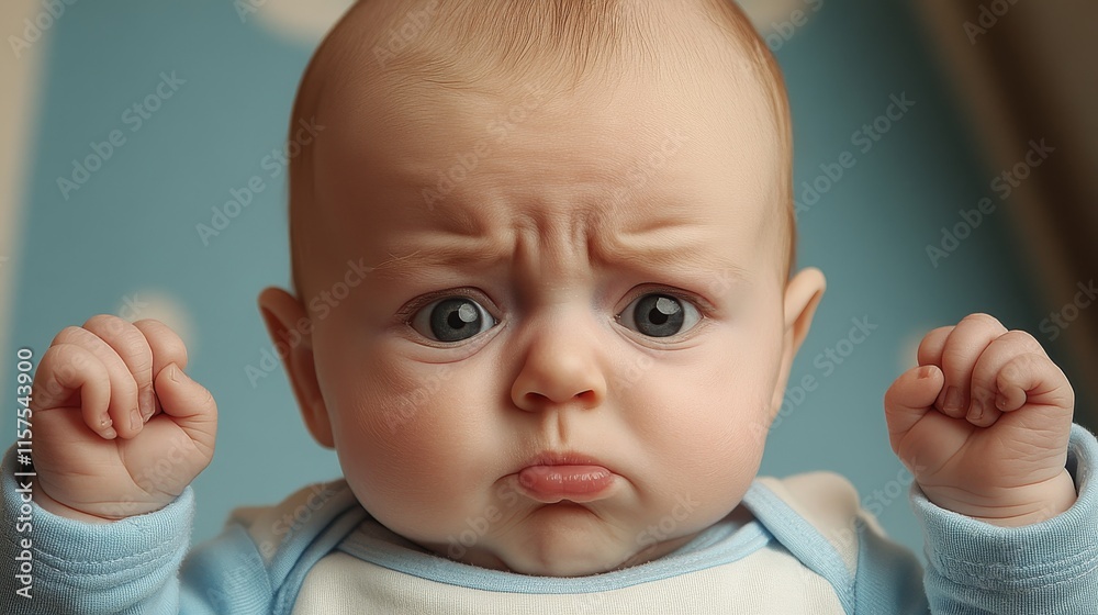 Baby expresses strong emotions with a pout and raised fists in a cozy indoor setting Baby expresses strong emotions with a pout and raised fists in a cozy indoor setting