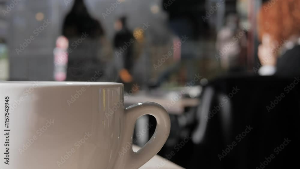 Close-up steaming hot tea or coffeein in white mug on a table in a cafe, close-up. Food court or restaurant in a shopping mall. People shopping and buying gifts. Close-up steaming hot tea or coffeein in white mug on a table in a cafe, close-up. Food court or restaurant in a shopping mall. People shopping and buying gifts.