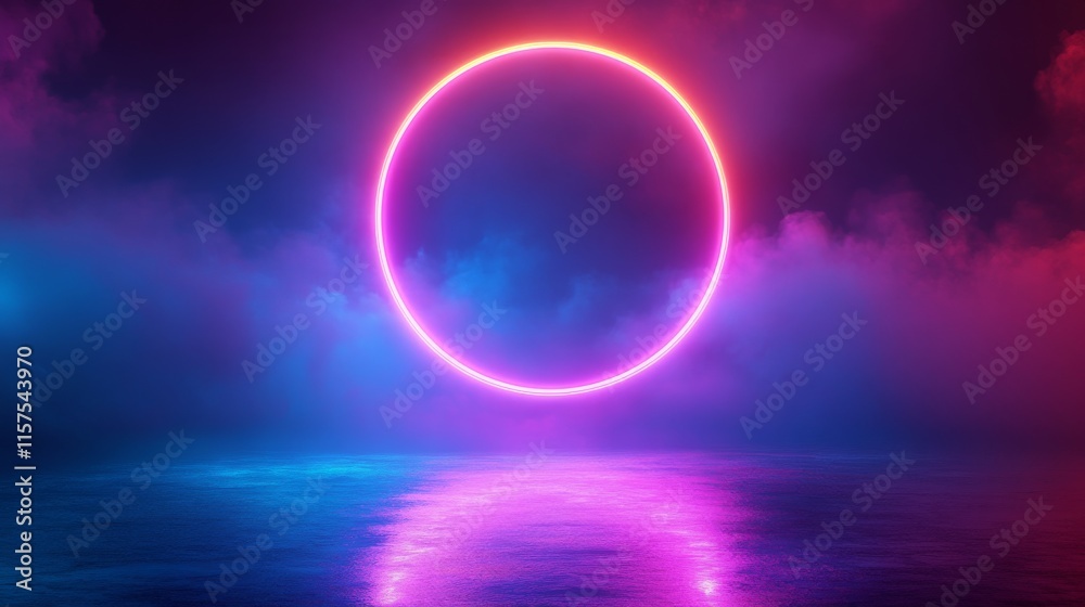 Vibrant neon circle reflecting on tranquil water under a dramatic sky at twilight Vibrant neon circle reflecting on tranquil water under a dramatic sky at twilight