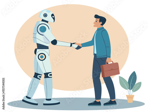 Man and robot shaking hands standing