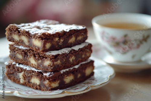 Delicious chocolate brownies with white chocolate chunks and icing sugar dusted on top served with tea photo