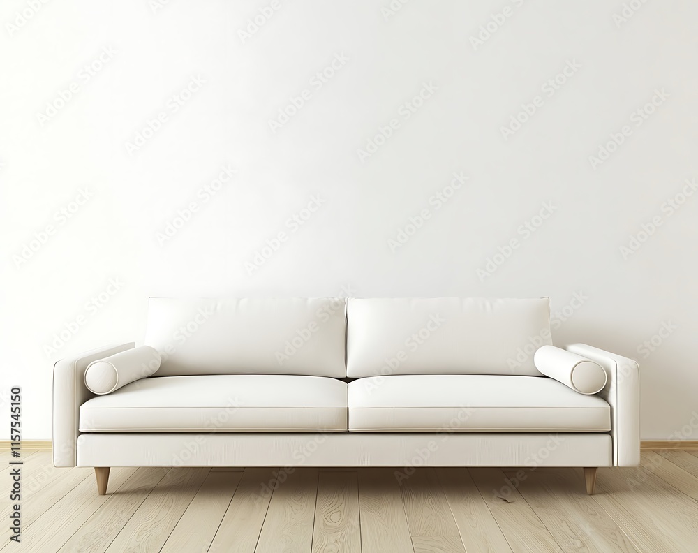 A sleek white sofa placed in a minimalistic interior with wooden flooring and a plain white wall, mockup setup with 3D rendering and adequate text space in a 2/3 composition. A sleek white sofa placed in a minimalistic interior with wooden flooring and a plain white wall, mockup setup with 3D rendering and adequate text space in a 2/3 composition.