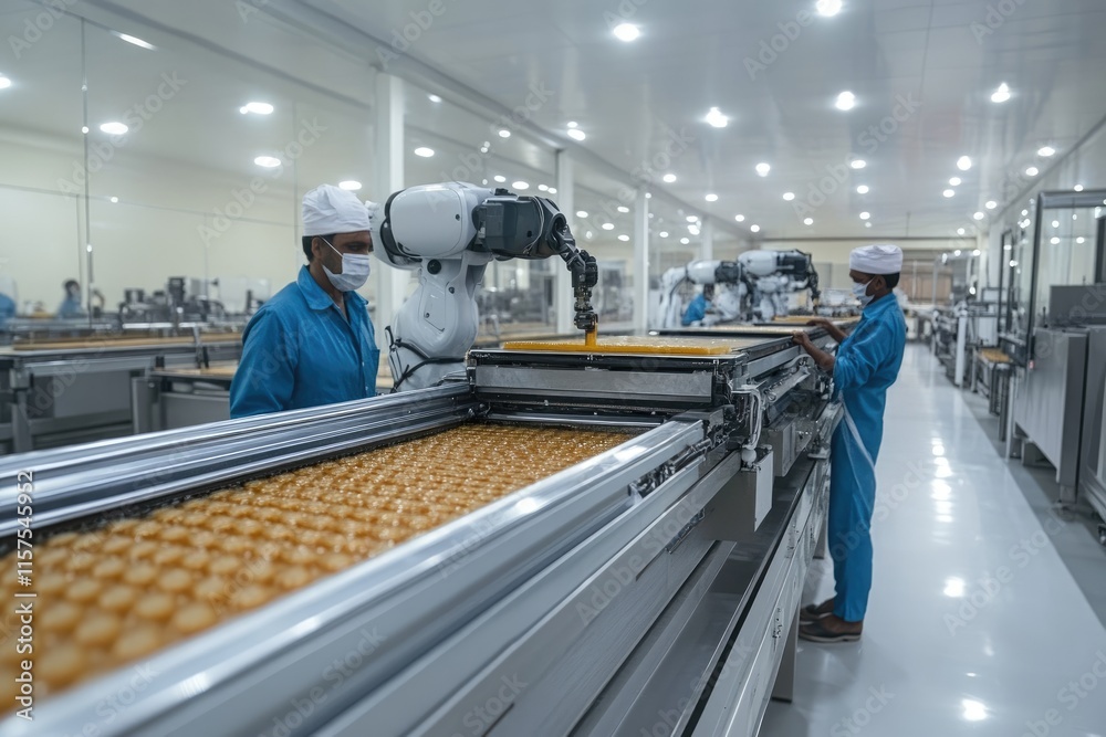 custom made wallpaper toronto digitalFood factory workers supervising automated production line with robotic arms pouring liquid