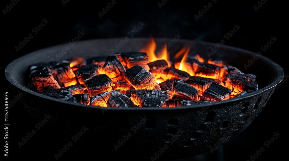 Charcoal burning brightly in a grill, creating a warm ambiance for outdoor cooking and gatherings in the evening Charcoal burning brightly in a grill, creating a warm ambiance for outdoor cooking and gatherings in the evening