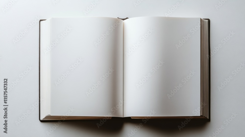 Open blank notebook lying on a white surface ready for thoughts and ideas during a quiet afternoon Open blank notebook lying on a white surface ready for thoughts and ideas during a quiet afternoon