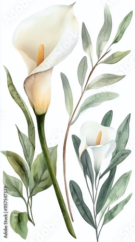 An elegant watercolor collection of calla lilies olive twigs and muted green leaves.