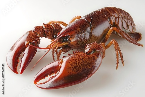 Whole cooked lobster lying on white background photo