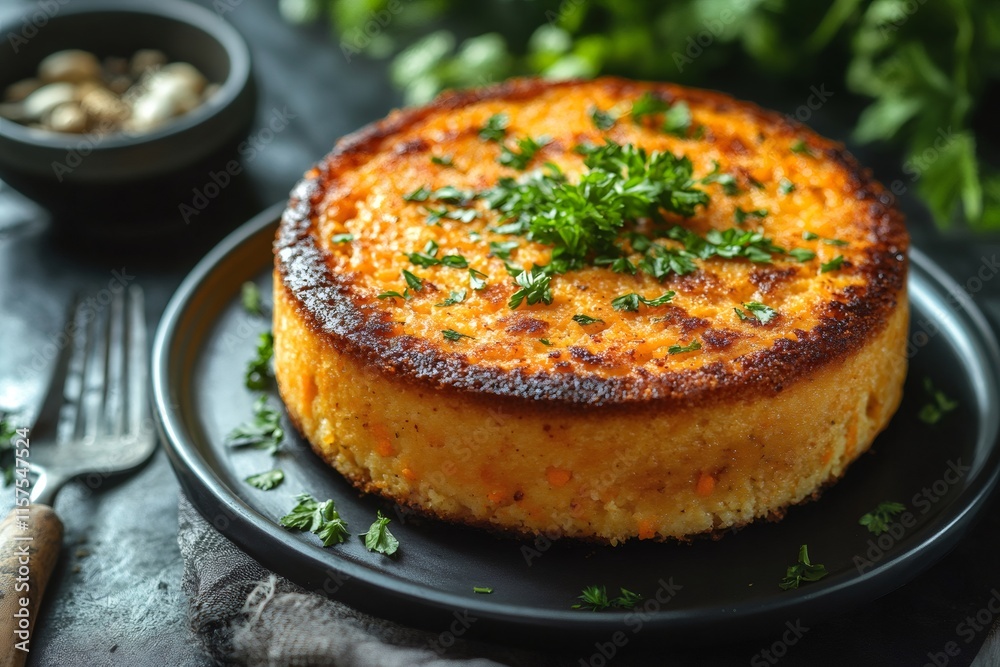 Delicious cornmeal cake garnished with fresh parsley on black plate Delicious cornmeal cake garnished with fresh parsley on black plate