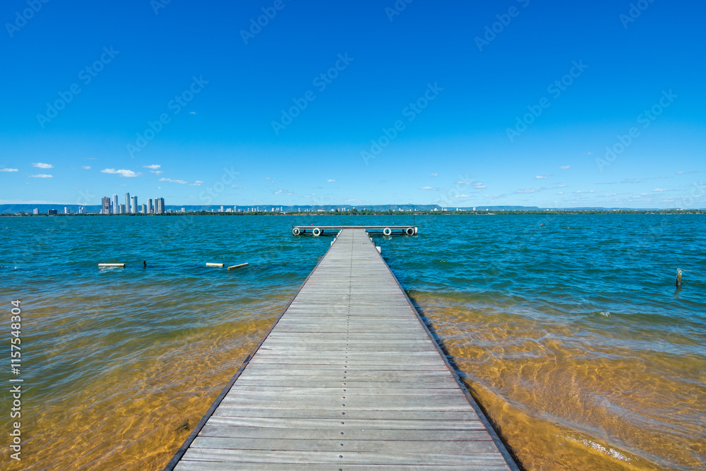 Obraz premium View of Tocantins River and the city of Palmas in the distance from Ilha Canela (Cinnamon Island)- Tocantins, Brazil