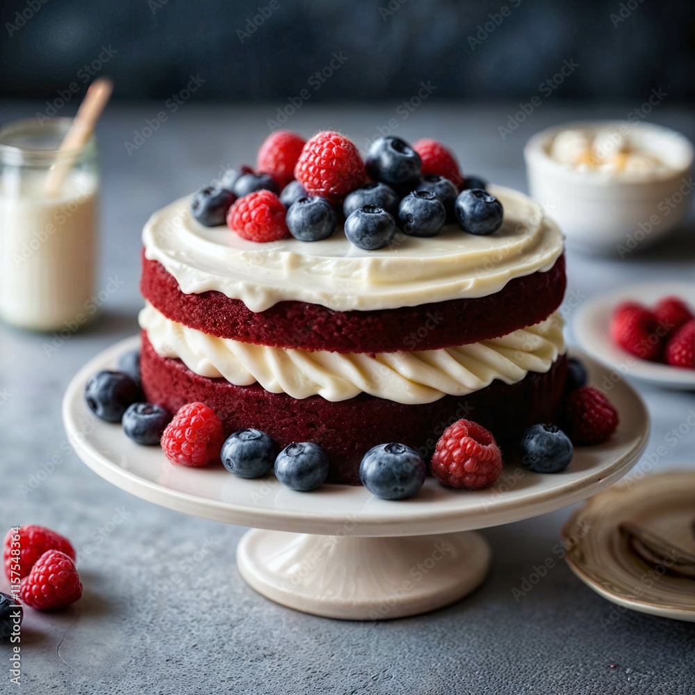 A red velvet cake with cream cheese frosting, topped with a Blueberry and raspberry topper. A red velvet cake with cream cheese frosting, topped with a Blueberry and raspberry topper.