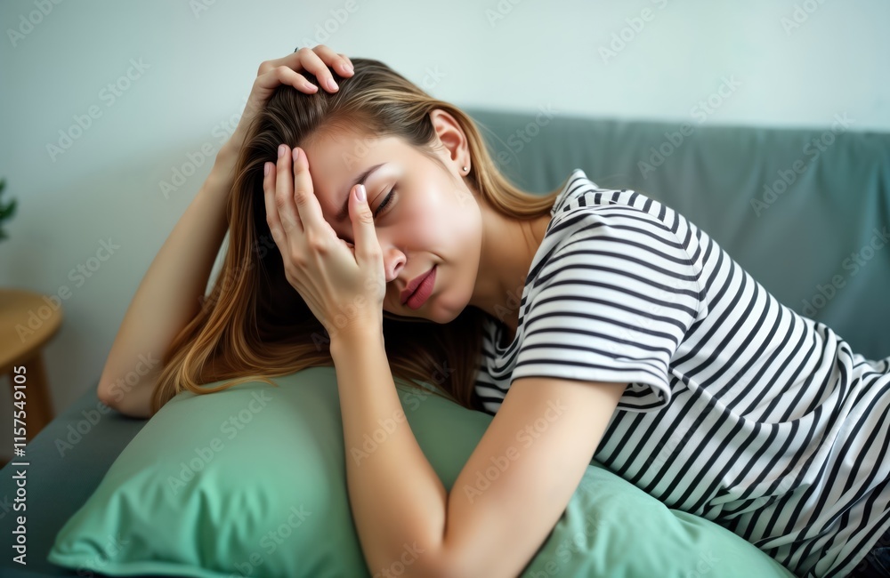 Young woman lying on couch. She has headache and is tired. She rests on pillow. She has closed eyes. This is home setting. She seems upset and sad. She is likely experiencing stress or physical issue. Young woman lying on couch. She has headache and is tired. She rests on pillow. She has closed eyes. This is home setting. She seems upset and sad. She is likely experiencing stress or physical issue.