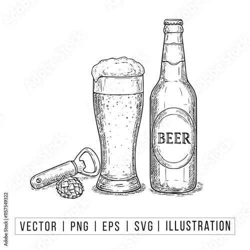 Vintage Beer Bottle and Glass Illustration with Opener and Hops - Vector, PNG, EPS, SVG
