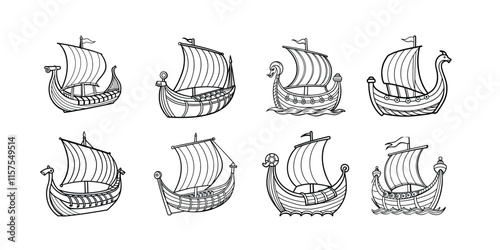 set of ships, Set of Viking Ship Illustrations - Black and White Vector Art