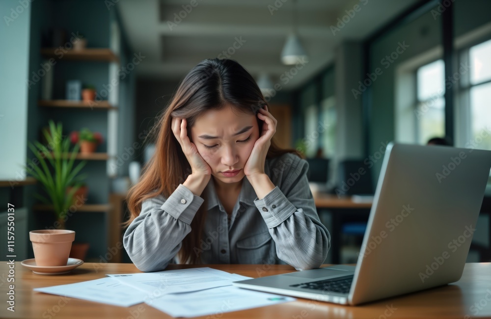 Young Asian businesswoman sits in office looking stressed, tired. Working with documents, laptop. Looks worried, unhappy. Work life causing stress, fatigue. Modern office interior. Financial business Young Asian businesswoman sits in office looking stressed, tired. Working with documents, laptop. Looks worried, unhappy. Work life causing stress, fatigue. Modern office interior. Financial business