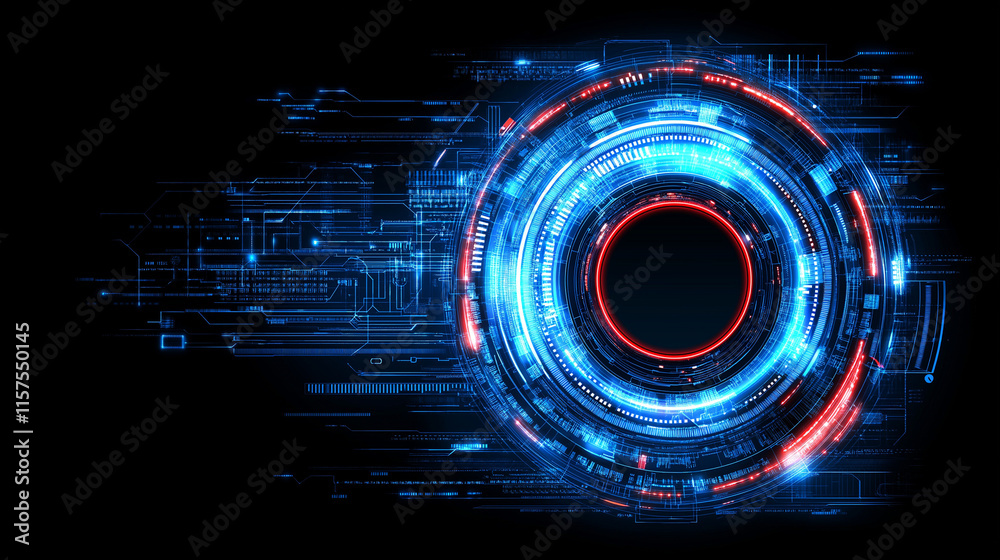 Obraz premium Cybernetic Circle: Abstract digital art depicting a glowing, futuristic circular interface with vibrant blue and red hues against a dark background. Perfect for tech, innovation.