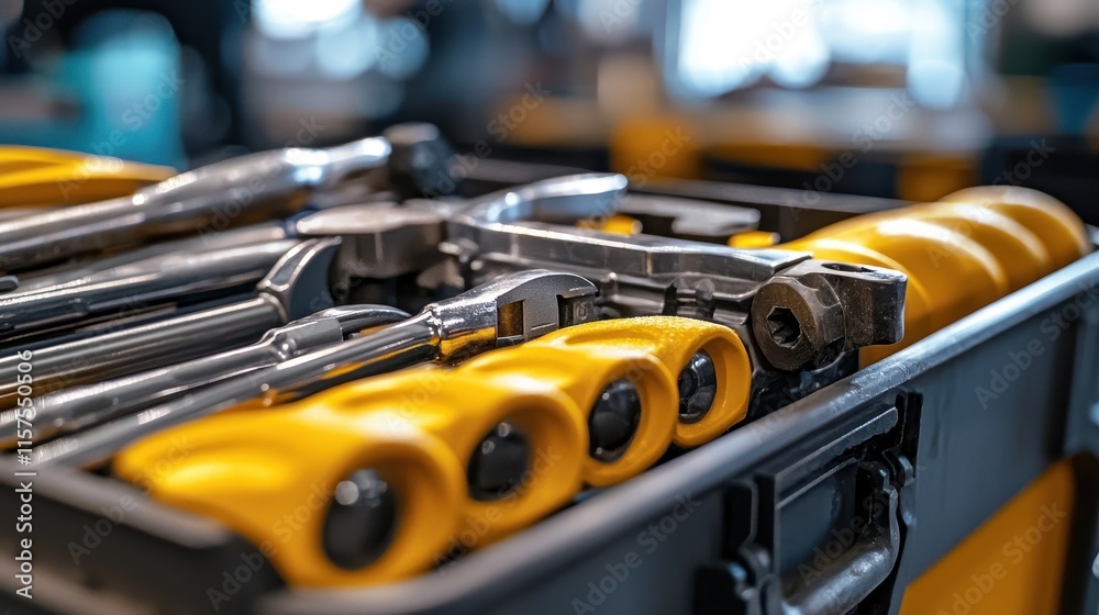 A toolbox filled with various metallic tools and yellow handles.