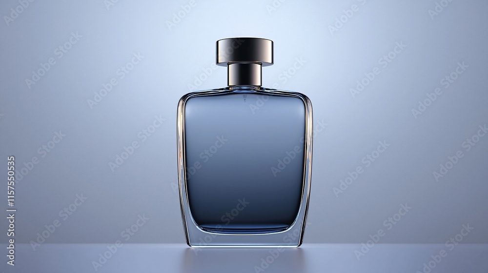 Elegant, clear glass perfume bottle with a silver cap on a light blue background. Elegant, clear glass perfume bottle with a silver cap on a light blue background.
