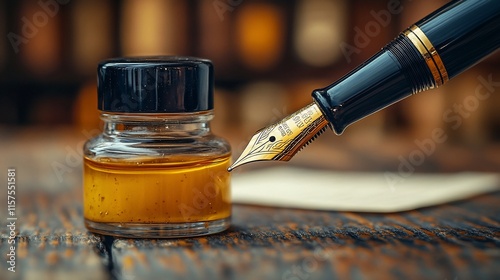 Golden ink bottle and fountain pen on wood.