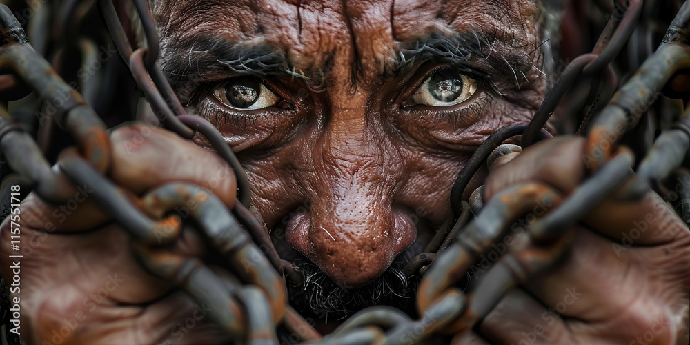Close-up Portrait of Man's Face Confined by Rusty Chain Close-up Portrait of Man's Face Confined by Rusty Chain