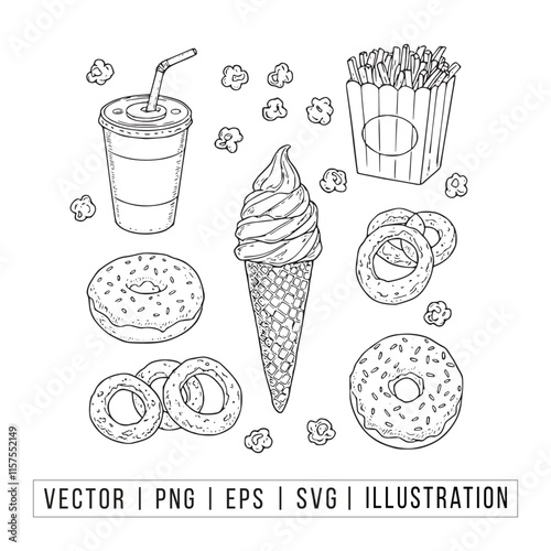 Hand-Drawn Fast Food and Snack Vector Illustration - Ice Cream, Donuts, Fries, and More