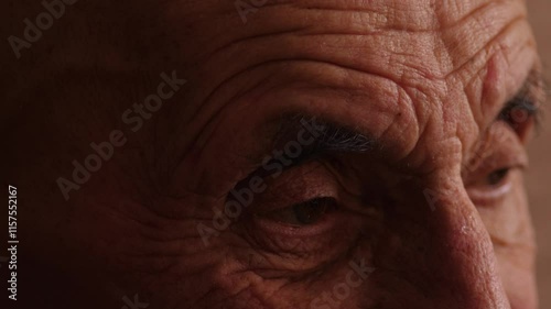 close up of caucasian elderly man eye 80 years old , sad look of pensioner , real old people photo