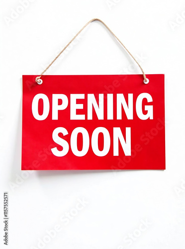 opening soon words sign written on red rectangular banner. Conceptual symbol announcing a business will be open for business in near future. isolated on white background with copy space. new image
