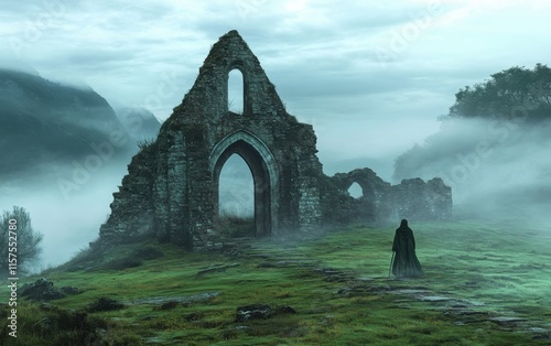 A photo-realistic depiction of a ruined ancient church with an arched doorway, set on a misty grassy hill, with a lone druid figure standing in the entrance photo