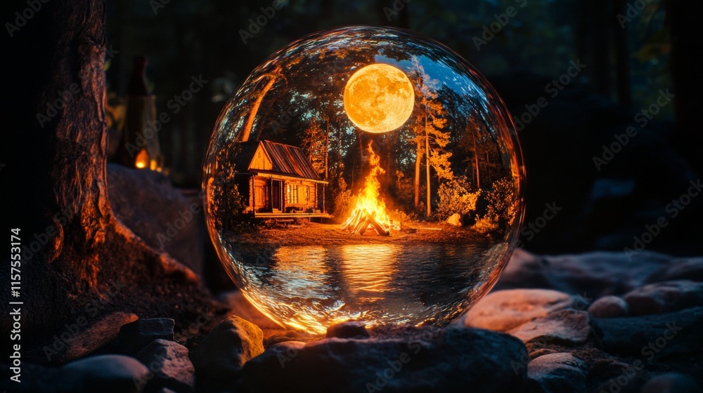 Crystal ball reflecting a lakeside cabin at night with a bonfire burning in the foreground and a full moon in the sky Crystal ball reflecting a lakeside cabin at night with a bonfire burning in the foreground and a full moon in the sky
