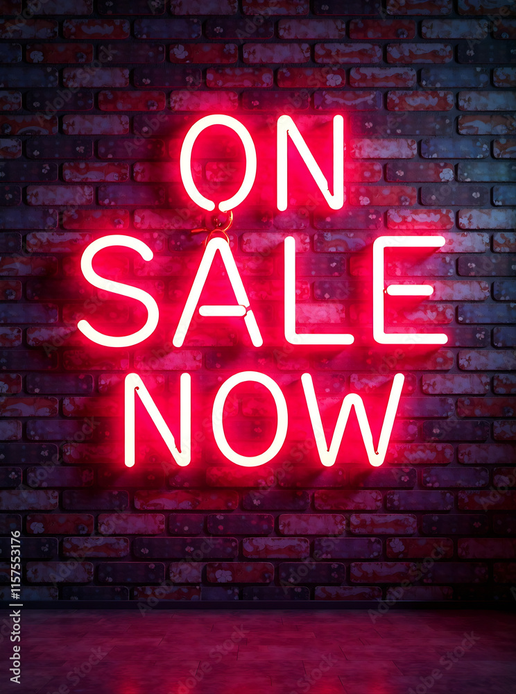 On Sale Now message displayed on a bright neon sign with a brick backgound. new image On Sale Now message displayed on a bright neon sign with a brick backgound. new image