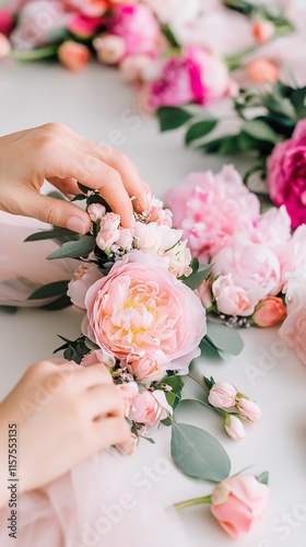 florist assembling Valentine's Day flower crowns for a special event photo